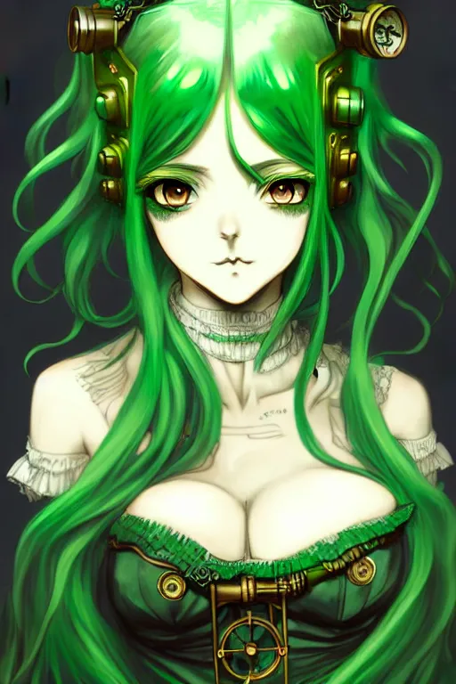 Image similar to beautiful green hair anime woman victorian dress, steampunk, fantasy, eerie, intricate details, pixiv, digital painting, artstation, concept art, 8 k, art by artgerm, loish and alohonse mucha and eiichiro oda symmetrical face symmetrical eyes