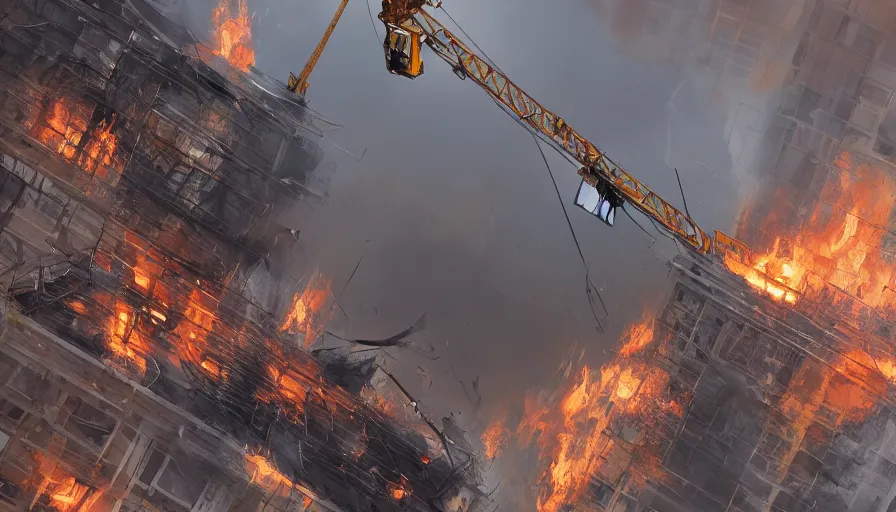 Prompt: Crane fell against a burning building, hyperdetailed, artstation, cgsociety, 8k