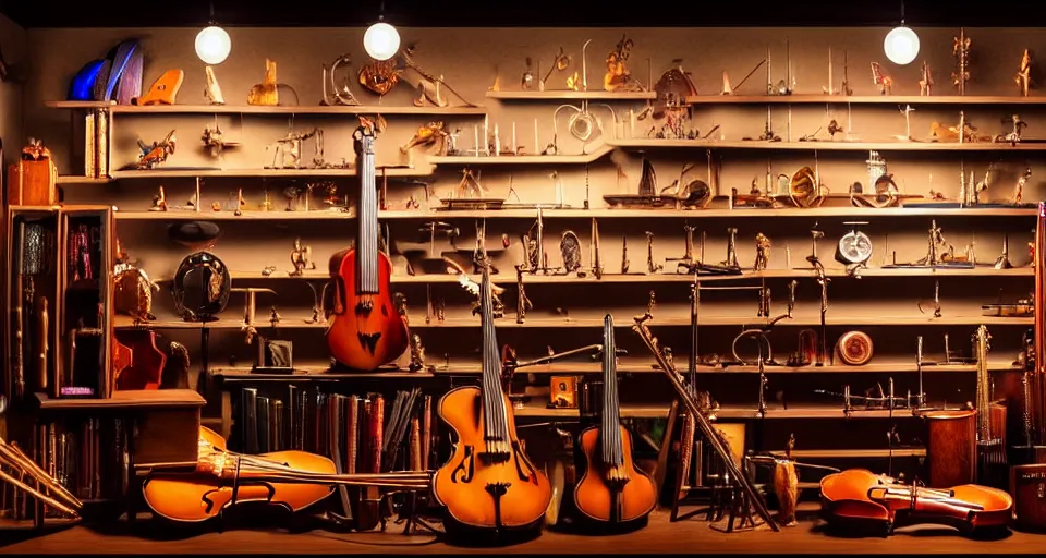 Prompt: a shelf of amazing magical musical instruments, cinematic lighting, detailed, beautiful colors, by greg rutowski and studio ghibli