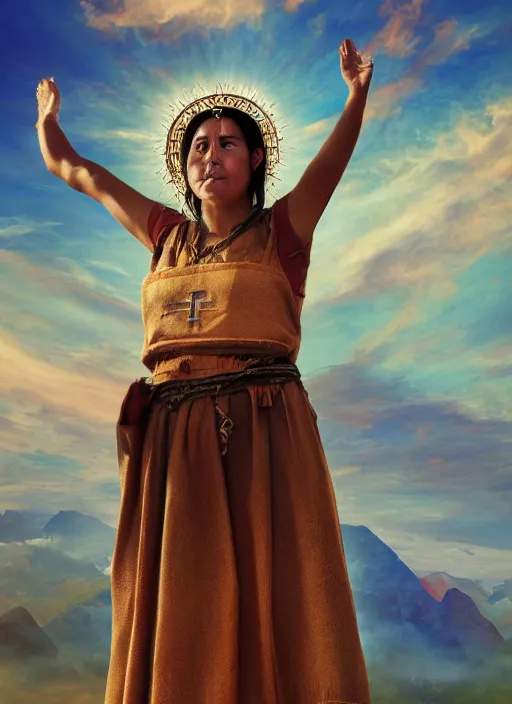 Prompt: incan female priest starring at the sky, with arms up, praying at the sky, realistic face, matte painting, fantasy art