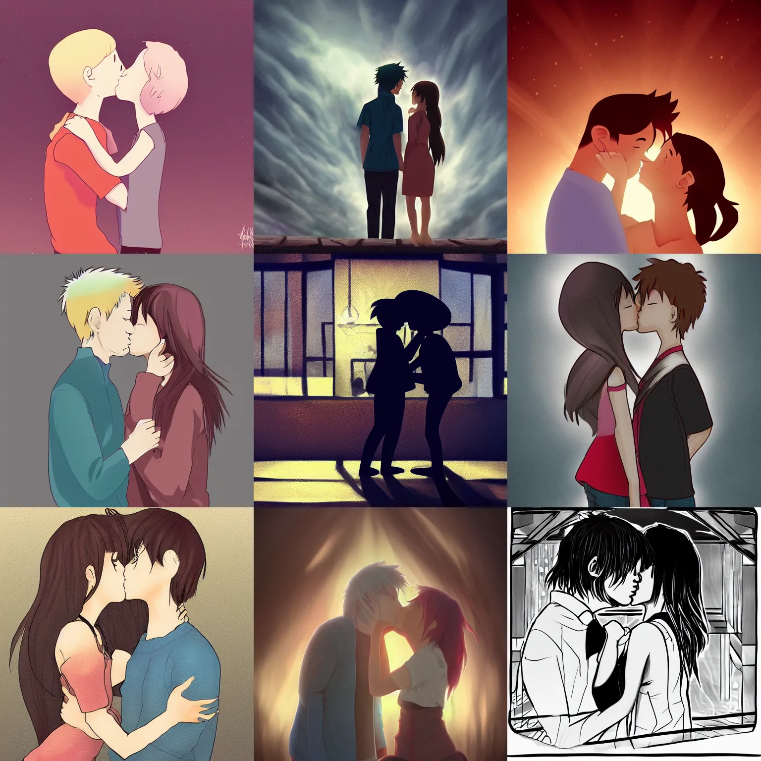 a couple kissing before end of time, anime, toon, soft, Stable Diffusion