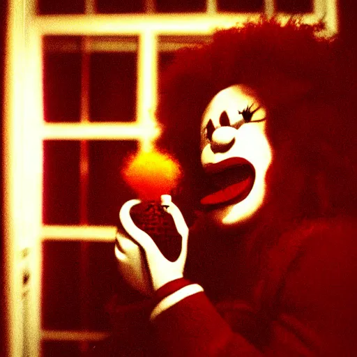 Image similar to creppy 2 0 0 1 photo of ronald mcdonald screaming in a dark room