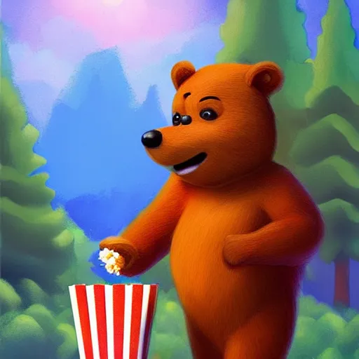 Prompt: yogi bear selling popcorn, artstation, forest background,