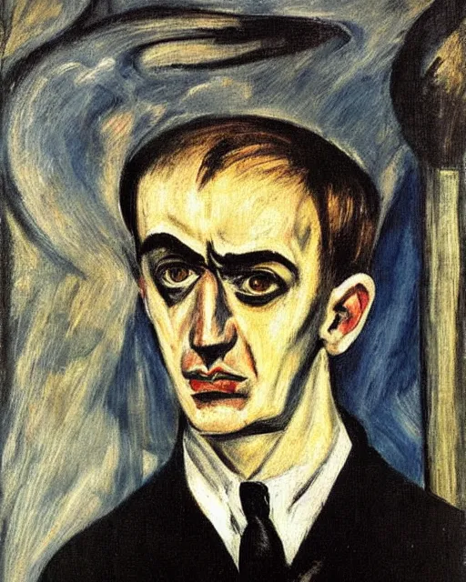 Image similar to Max Beckmann. El Greco. Oil on canvas. Portrait of a demon.