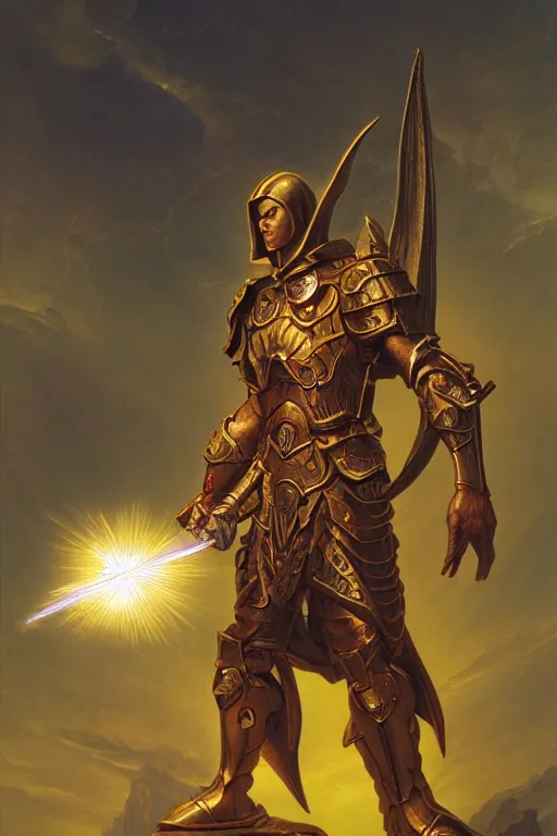 Image similar to holy paladin with light powers, by art by thomas cole and wayne barlowe highly detailed, 8 k, hdr, close up, smooth, sharp focus, high resolution, award - winning photo