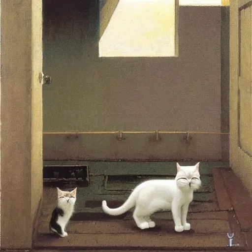 Prompt: some cats lined up outside wearing white masks by michael sowa.