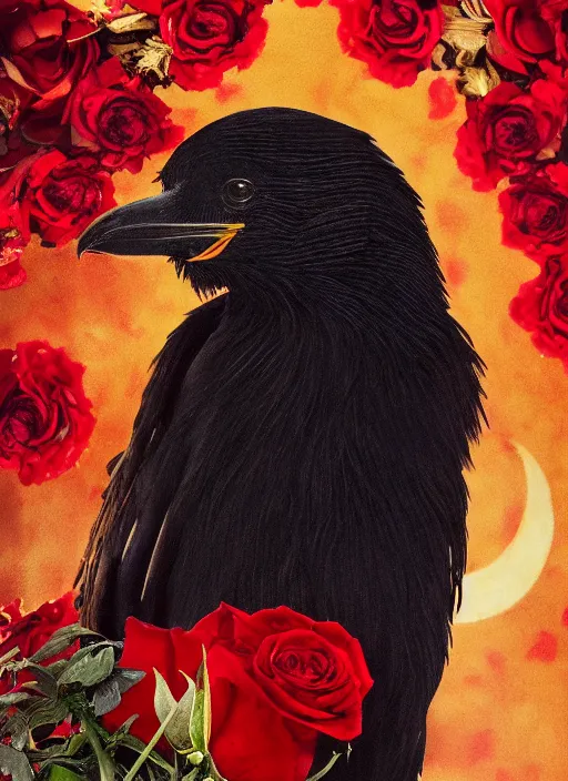 Prompt: red and golden color details, portrait, A healthy and proud crow with red eyes in front of the full big moon, book cover, red roses, red white black colors, establishing shot, extremly high detail, foto realistic, cinematic lighting, by Yoshitaka Amano, Ruan Jia, Kentaro Miura, Artgerm, post processed, concept art, artstation, raphael lacoste, alex ross, portrait, A crow with red eyes in front of the full big moon, book cover, red roses, red white black colors, establishing shot, extremly high detail, photo-realistic, cinematic lighting, by Yoshitaka Amano, Ruan Jia, Kentaro Miura, Artgerm, post processed, concept art, artstation, raphael lacoste, alex ross