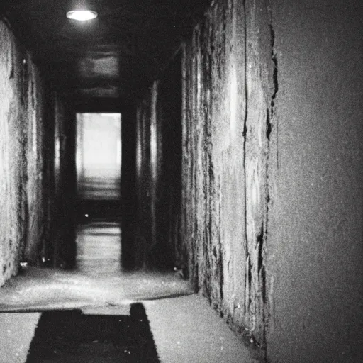 Prompt: a flooded creepy empty basement hallway with the evil girl from the ring in the dark, shaky, film grain, craigslist photo