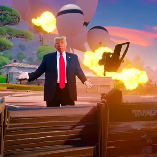 Image similar to Donald trump in Fortnite game, realistic artstyle, wide shot, dramatic lighting, octane render, hyperrealistic, high quality, highly detailed, HD, beautiful, cinematic, 8k, unreal engine, facial accuracy, symmetrical