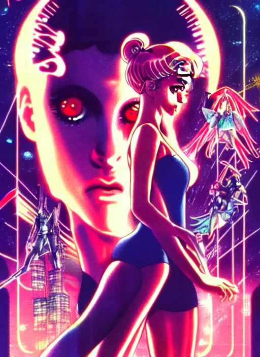 Image similar to realistic illustration of sailor moon in the world of blade runner 1 9 8 2, poster in 8 0 s style, joao ruas style, 4 k