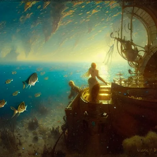 Image similar to point of view of deep in the ocean looking up, you see fishes, higher up you see the milk way, night time. highly detailed painting by gaston bussiere, greg rutkowski 8 k