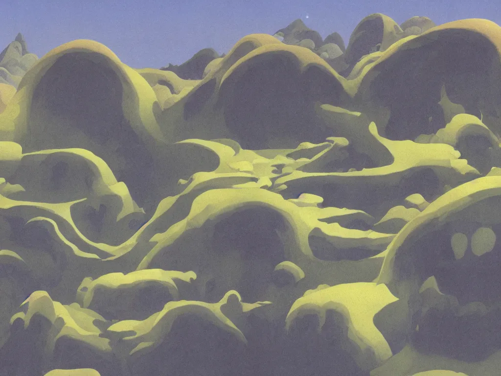 Prompt: Alien landscape by Roger Dean, floating mountains and gradient sky; very fine detail, 8k rendering