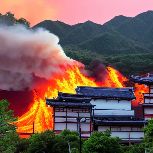 Image similar to japanese town on fire, sunset, 8k, high details, photorealistic, sharp