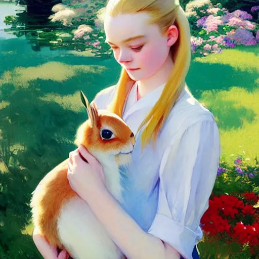 Prompt: elle fanning holding a bunny, by studio ghibli painting, by joaquin sorolla rhads leyendecker, an aesthetically pleasing, dynamic, energetic, lively, well - designed digital art, by ohara koson and thomas kinkade, traditional japanese colors, superior quality, masterpiece