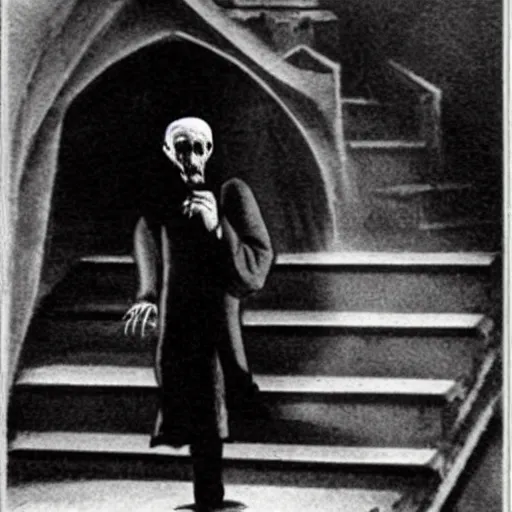 Image similar to count orlok smoking weed on the stairs