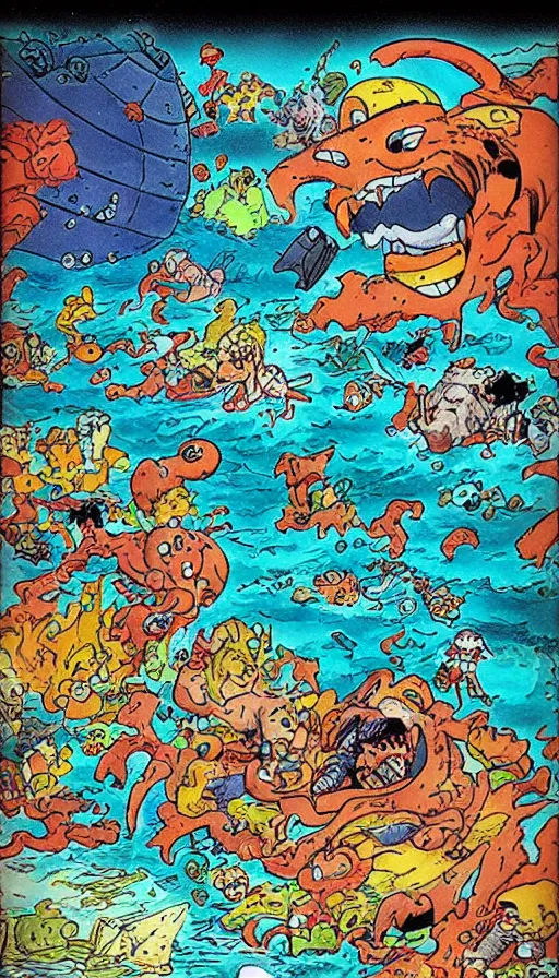 Image similar to man on boat crossing a body of water in hell with creatures in the water, sea of souls, by akira toriyama