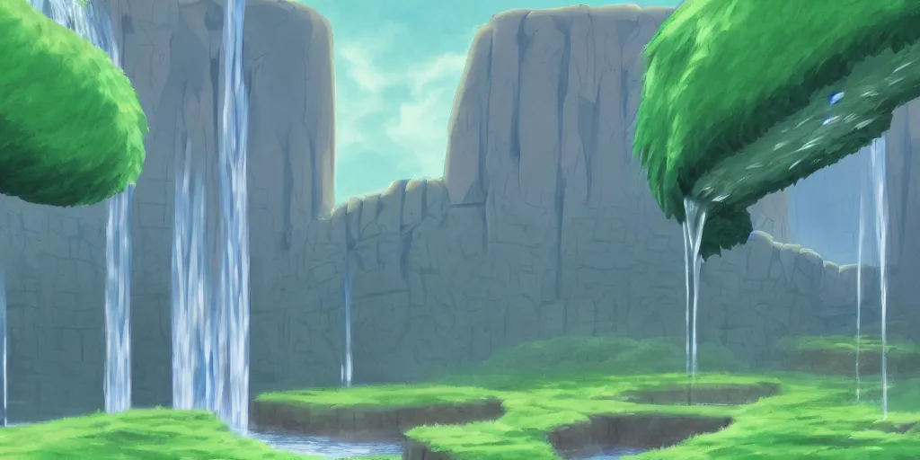 Image similar to a cell - shaded studio ghibli concept art study of water flowing out of a square portal in a flooded monument valley stonehenge temple jungle. very dull colors, hd, 4 k, hq