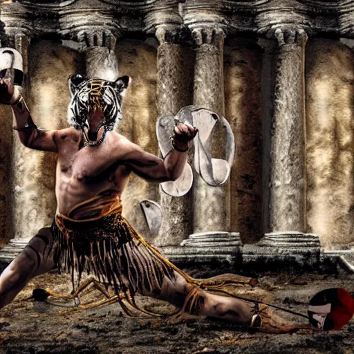 Prompt: an ancient Rome gladiator with cybernetic implants fighting against a tiger in the coliseum, photorealistic, wide angle