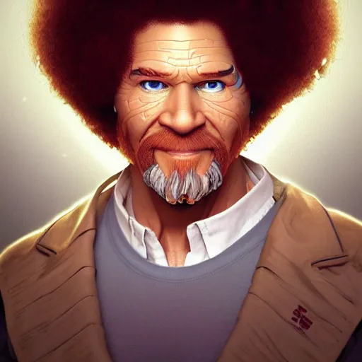 Prompt: bob ross cyborg. multi colored digital eyes, art by artgerm and greg rutkowski and alphonse mucha, concept art, octane render, unreal engine 5, highly detailed, high quality, 8 k, soft lighting, realistic face, path traced