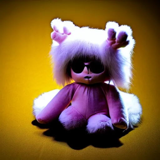 Image similar to lomography long shot of cute plush fluffy chthonic doll monster made to look like a baby, bokeh background