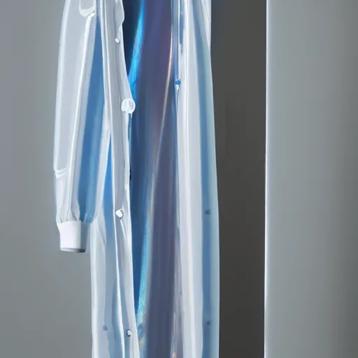 Prompt: an ultra high definition professional studio quality photograph of a transparent iridescent perspex pastel coloured raincoat on a white coat hook in an empty white room. dramatic lighting, ray tracing, refraction, shallow d. o. f, colour corrected, golden ratio, three point light.