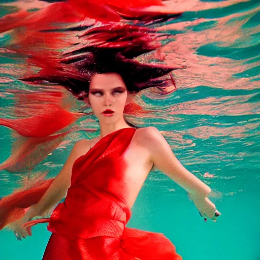 Prompt: beautiful portrait of fashion model in red silk underwater, 35mm film