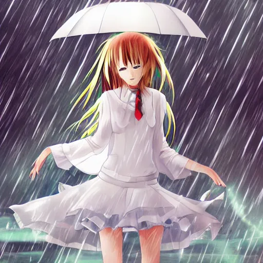 Prompt: An anime girl in a white dress, dancing in the rain, trending pixiv anime art