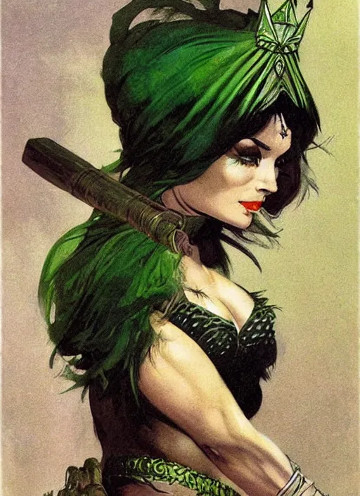 Image similar to mighty plump female sorceress, green tiara, strong line, muted color, beautiful! coherent! by frank frazetta, by brom