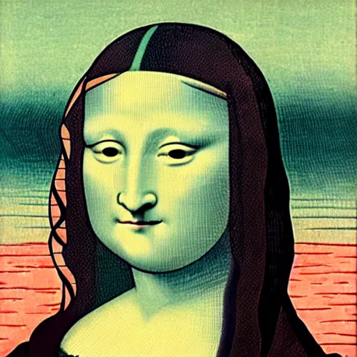 Prompt: Mona Lisa but a pink fish head, Ukiyo-e, highly detailed