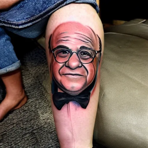 Image similar to tattoo of danny devito on leg