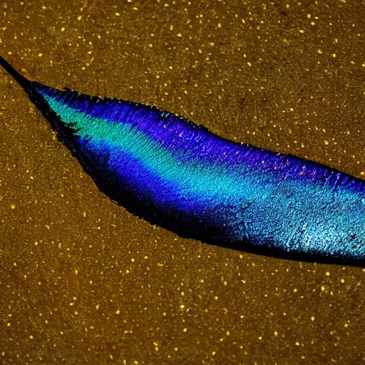 Image similar to a bird feather dipped in oil slick tar