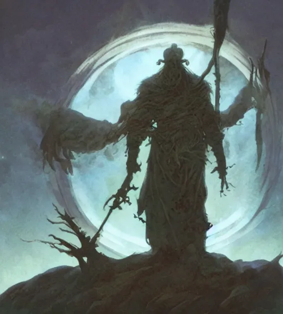 Image similar to a druid standing in a circle at the beginning of the world by alan lee and peter mohrbacher and frank frazetta and mike mignola