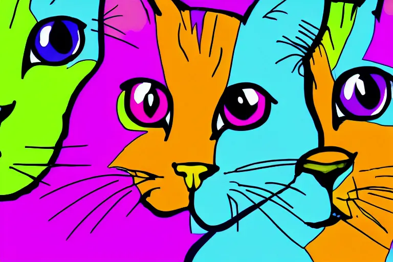 Image similar to bright, colurful, cartoon cats, facing directly, hypersaturated, various colors, ultra detailed, 8 k