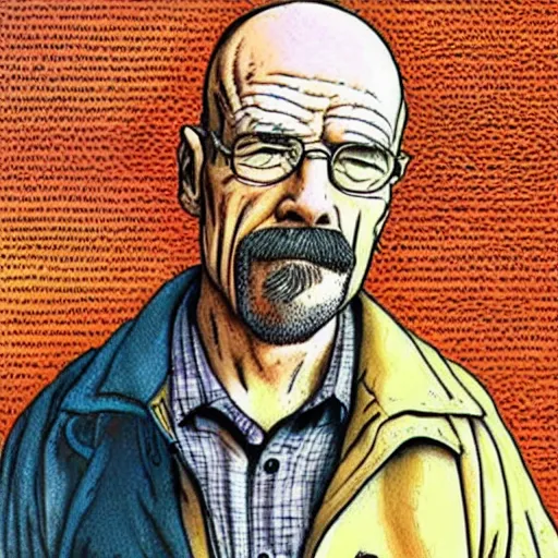 Image similar to The Artwork of R. Crumb and his Cheap Suit Breaking-Bad-Walter-White, pencil and colored marker artwork, trailer-trash lifestyle