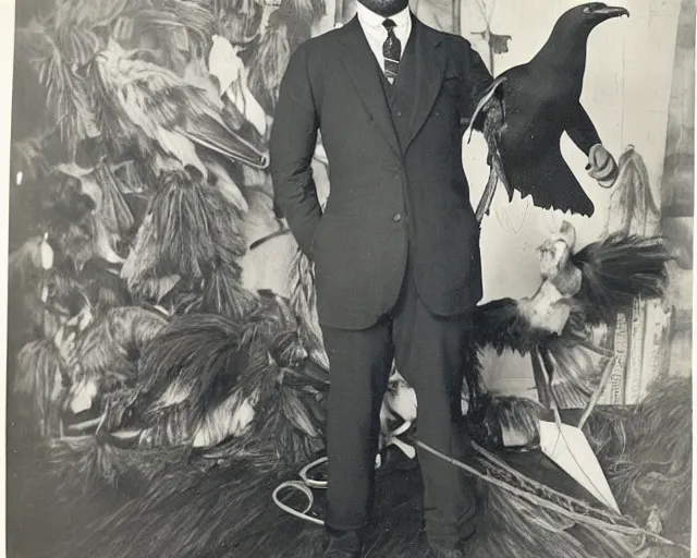 Prompt: early 1 9 0 0 s photo of a man in a suit next to a huge black taxidermied bird, black and white, newspaper clipping