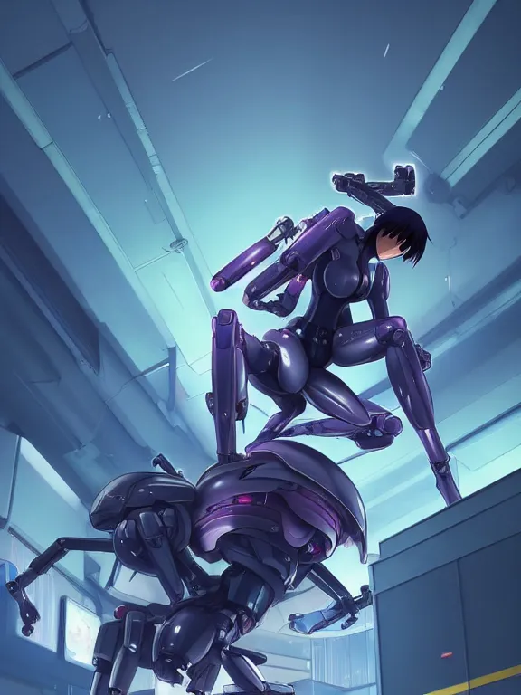 Image similar to a fullbody action still of motoko kusanagi riding on top of a tachikoma, the major ghost in the shell : : stand alone complex, under repairs, maintenance : : by ilya kuvshinov, rossdraws, artgerm, sola digital arts, anti aliasing, raytracing : :