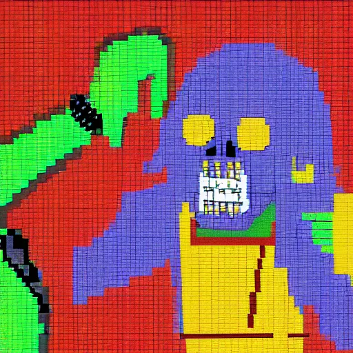 Prompt: a pixel - art image of a zombie high fiving a skeleton, the picture is colorful but with a black background