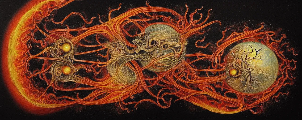 Image similar to a strange fire creature with endearing eyes radiates a unique canto'as above so below'while being ignited by the spirit of haeckel and robert fludd, breakthrough is iminent, glory be to the magic within, in honor of saturn, painted by ronny khalil