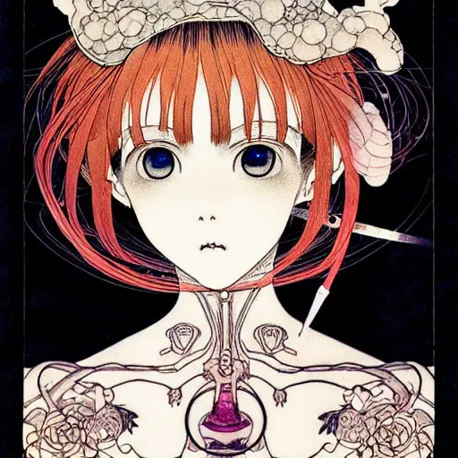 Image similar to prompt: Fragile looking character soft light portrait face drawn by Takato Yamamoto and Katsuhiro Otomo, tattooed face, inspired by Sailor Moon anime, alchemical objects on the side, soft light, intricate detail, intricate gouache painting detail, sharp high detail, manga and anime 2010