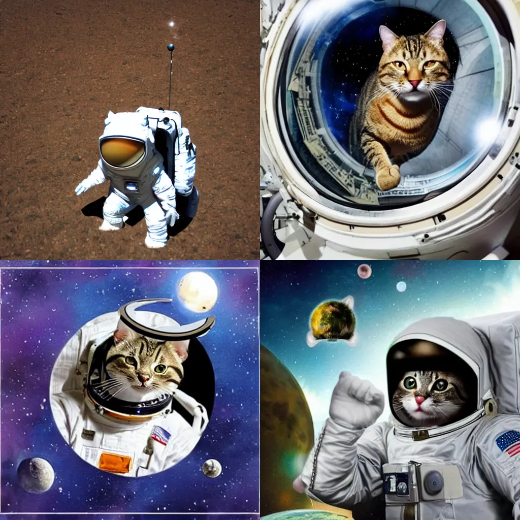 Prompt: cat astronaut explores strange planet