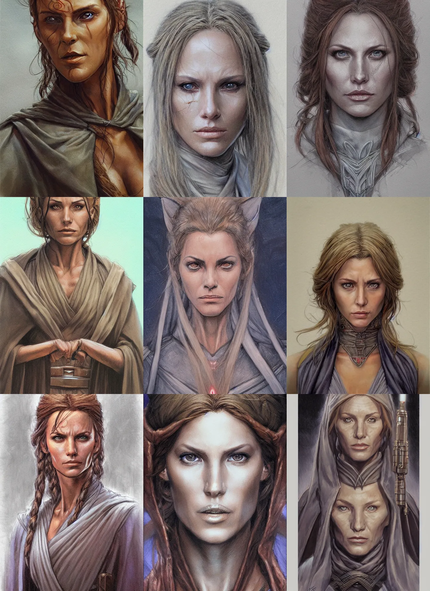 Prompt: concept art portrait of a beautiful woman by iain mccaig, jedi master, highly detailed. star wars expanded universe, she is about 2 0 years old, wearing jedi robes.