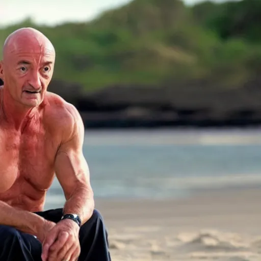 Image similar to still photo of john locke from the show lost. he is sitting on the beach and staring at a wheelchair, oil panting, cinematic, highly detailed