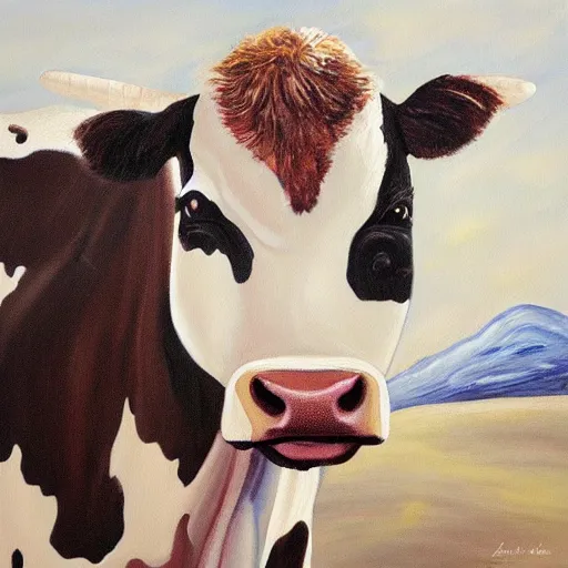 Prompt: a painting of a cow on the moon