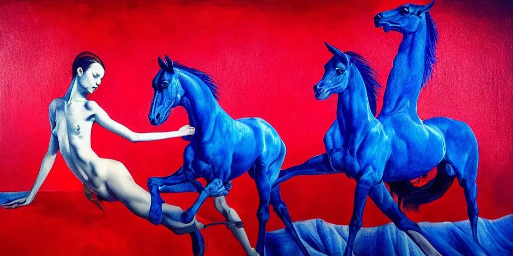 Image similar to only with blue, ney motogrosso in love with a red stallion, too many hands in all directions, in hoc signo vinces, waterfall, in the style of leonora carrington, gottfried helnwein, intricate composition, blue light by caravaggio, insanely quality, highly detailed, masterpiece, red light, artstation