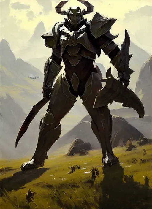 Image similar to Greg Manchess painting of a Zelda Charr from Guild Wars 2 wearing Forerunner Armor from Halo, countryside, calm, fantasy character portrait, dynamic pose, above view, sunny day, artwork by Jeremy Lipkin and Giuseppe Dangelico Pino and Michael Garmash and Rob Rey, very coherent asymmetrical artwork, sharp edges, perfect face, simple form, 100mm