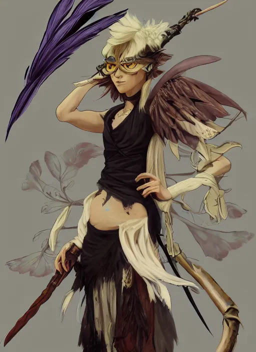 Image similar to concept art painting of an androgynous harpy person with black feathers, pirate clothes, detailed, realistic, cel shaded, in the style of makoto shinkai and james gurney and alphonse mucha and greg rutkowski and artgerm