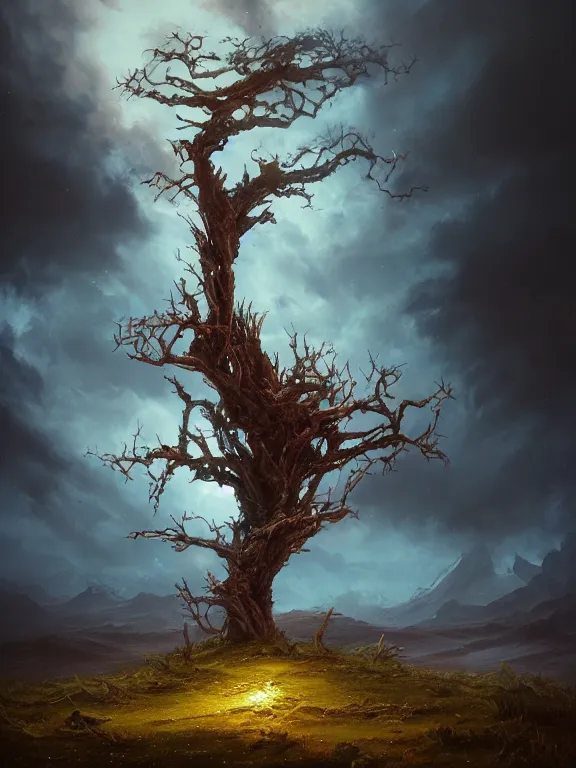 Image similar to photo of 8k ultra realistic lone dead tree on hill surrounded by swirling clouds and lighting, dark, menacing, full of colour, cinematic lighting, battered, trending on artstation, 4k, hyperrealistic, focused, extreme details,unreal engine 5, cinematic, masterpiece, art by Peter Mohrbacher