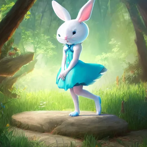 Image similar to concept art painting of an anthropomorphic white rabbit wearing a turquoise dress, in the deep forest, realistic, detailed, cel shaded, in the style of makoto shinkai and greg rutkowski and james gurney