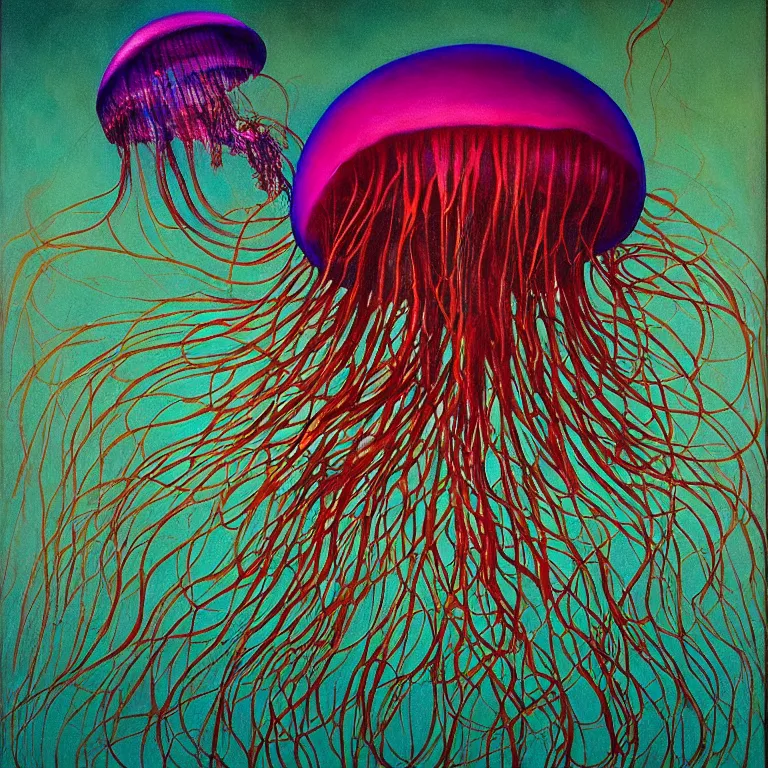 Prompt: Hyperrealistic intensely colored studio Photograph portrait of a deep sea psychedelic bioluminescent jellyfish deep underwater in darkness long exposure, award-winning nature deep sea expressionistic impasto heavy brushstrokes oil painting by Audubon and Zdzisław Beksiński vivid colors hyperrealism 8k