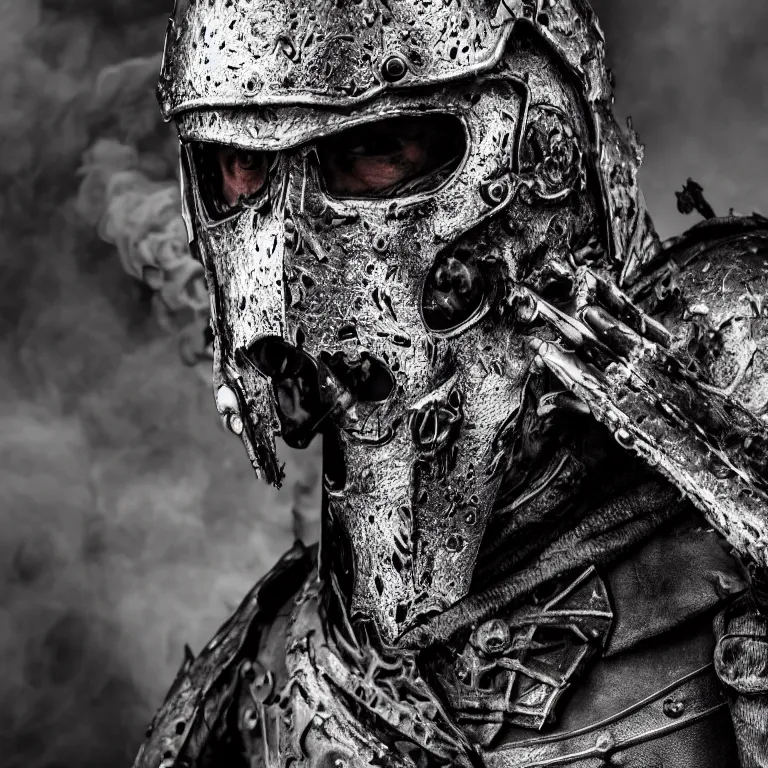 Prompt: undead man in armour in burned forest full of smoke, medieval style, highly detailed, smooth, sharp focus, character portrait, portrait, close up, concept art, intricate details, goth, medieval poster, 8 k. lifelike. dark light. nikon d 8 5 0